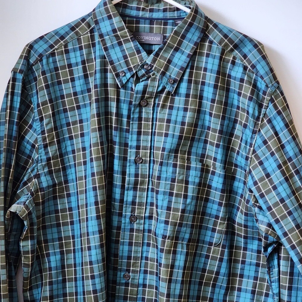 Covington Shirt Men XL Blue Gray Plaid Blake Easy Care Button Down Full Sleeve